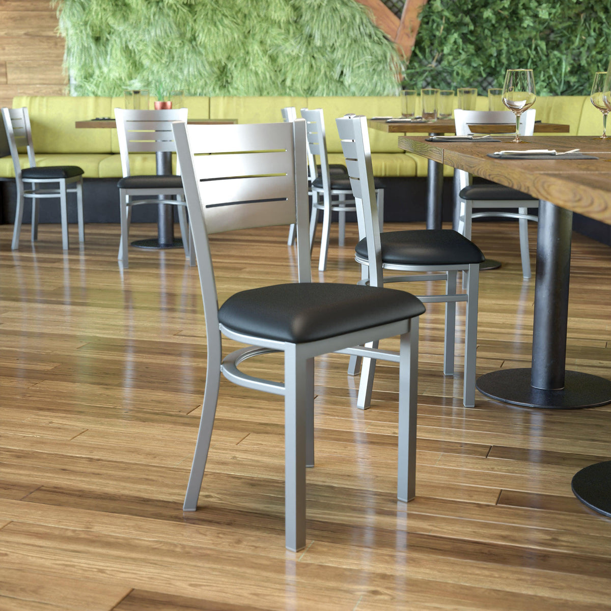 Black Vinyl Seat/Silver Frame |#| Silver Slat Back Metal Restaurant Chair - Black Vinyl Seat