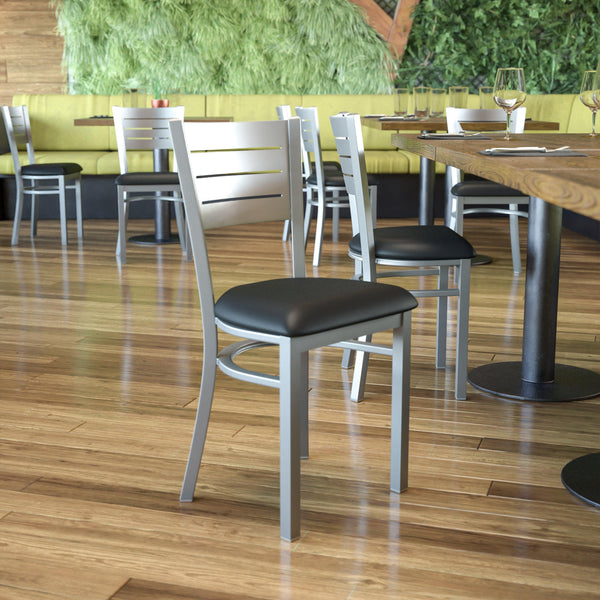 Black Vinyl Seat/Silver Frame |#| Silver Slat Back Metal Restaurant Chair - Black Vinyl Seat