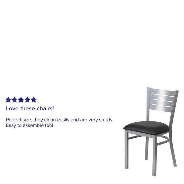 Black Vinyl Seat/Silver Frame |#| Silver Slat Back Metal Restaurant Chair - Black Vinyl Seat