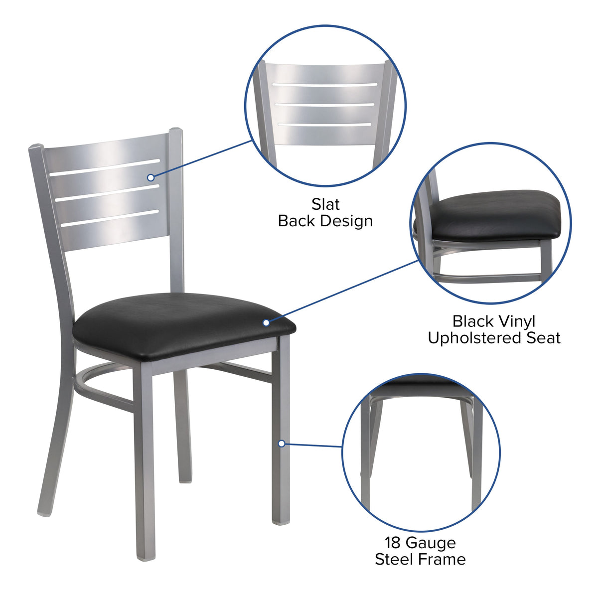 Black Vinyl Seat/Silver Frame |#| Silver Slat Back Metal Restaurant Chair - Black Vinyl Seat