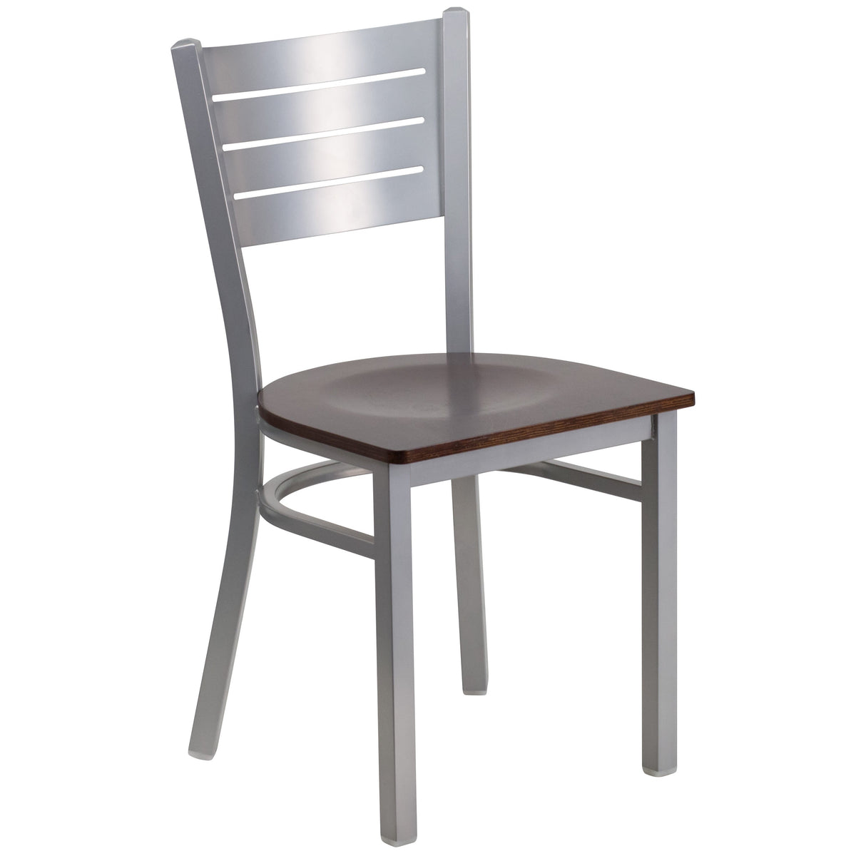 Walnut Wood Seat/Silver Frame |#| Silver Slat Back Metal Restaurant Chair - Walnut Wood Seat