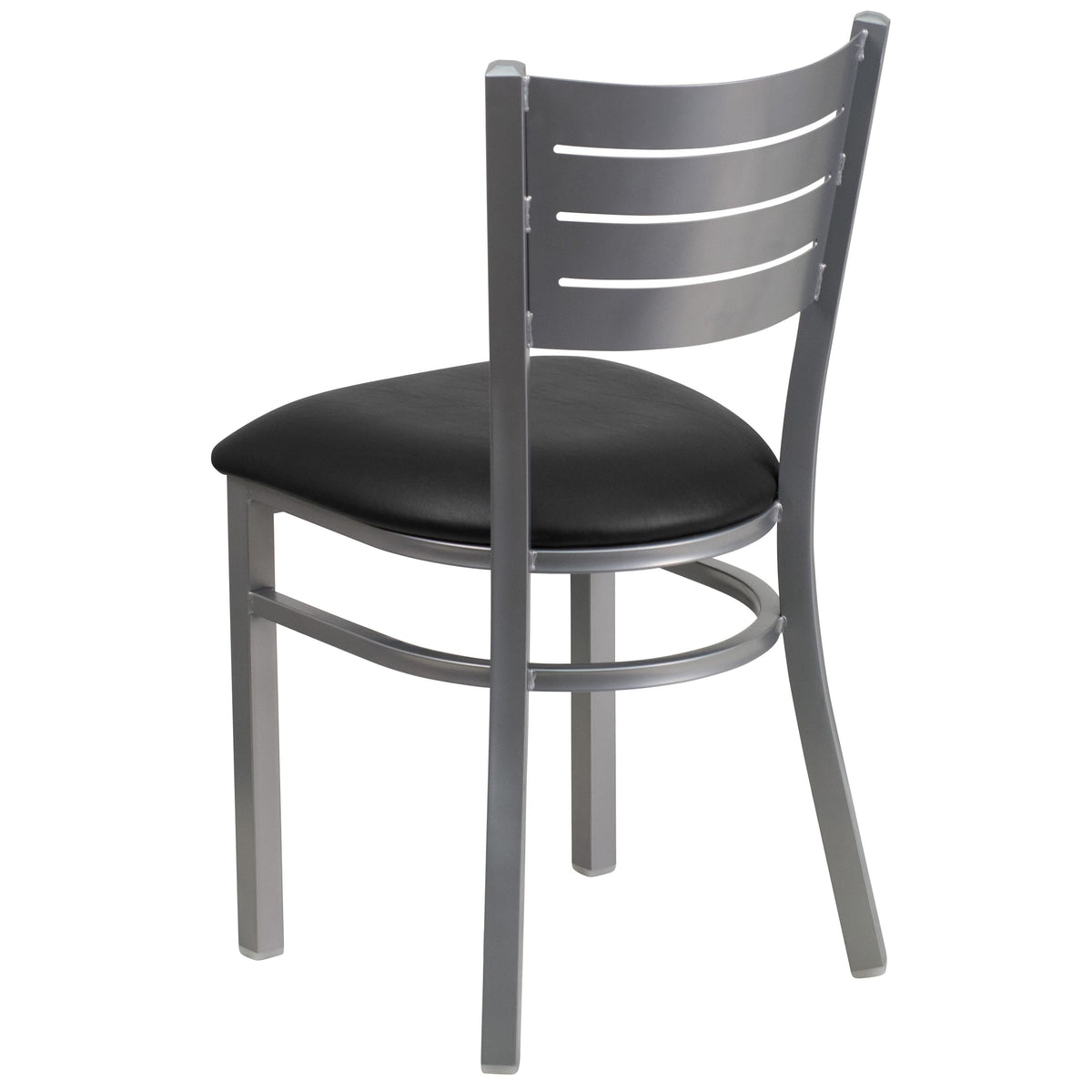 Black Vinyl Seat/Silver Frame |#| Silver Slat Back Metal Restaurant Chair - Black Vinyl Seat