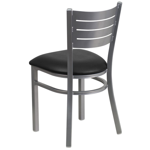 Black Vinyl Seat/Silver Frame |#| Silver Slat Back Metal Restaurant Chair - Black Vinyl Seat