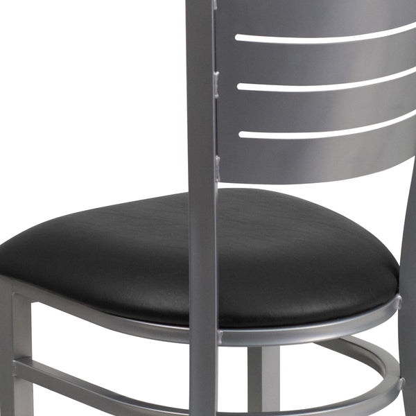 Black Vinyl Seat/Silver Frame |#| Silver Slat Back Metal Restaurant Chair - Black Vinyl Seat