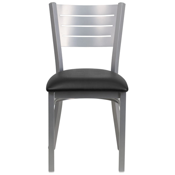 Black Vinyl Seat/Silver Frame |#| Silver Slat Back Metal Restaurant Chair - Black Vinyl Seat