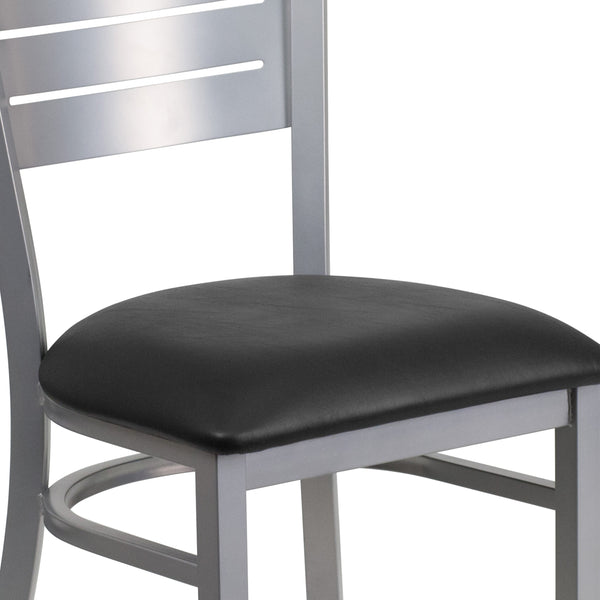 Black Vinyl Seat/Silver Frame |#| Silver Slat Back Metal Restaurant Chair - Black Vinyl Seat