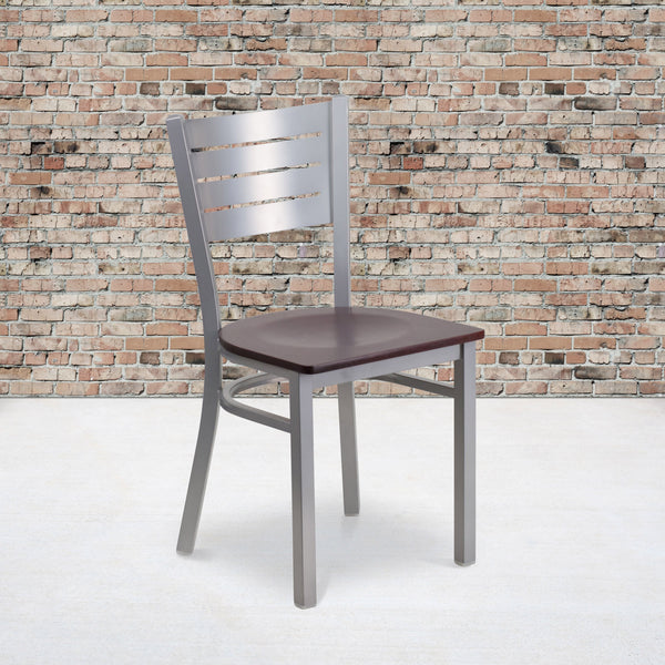 Walnut Wood Seat/Silver Frame |#| Silver Slat Back Metal Restaurant Chair - Walnut Wood Seat