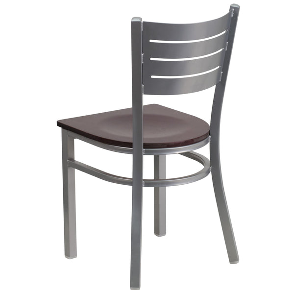 Mahogany Wood Seat/Silver Frame |#| Silver Slat Back Metal Restaurant Chair - Mahogany Wood Seat