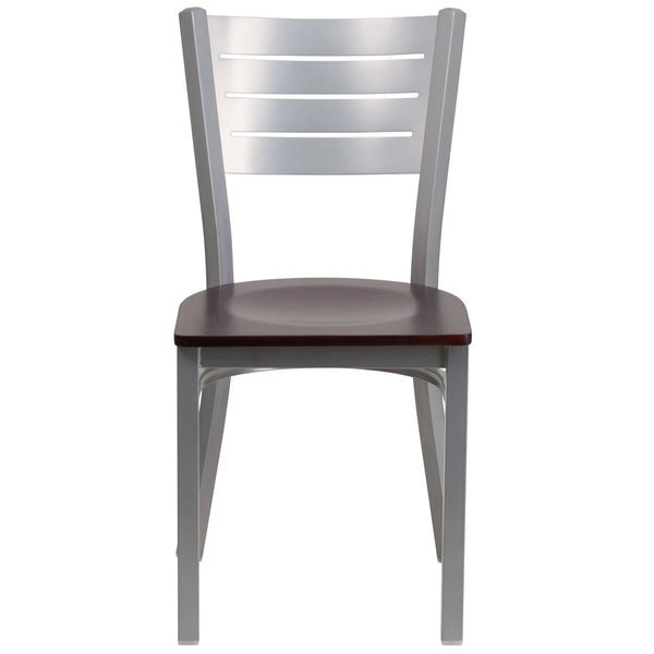Mahogany Wood Seat/Silver Frame |#| Silver Slat Back Metal Restaurant Chair - Mahogany Wood Seat