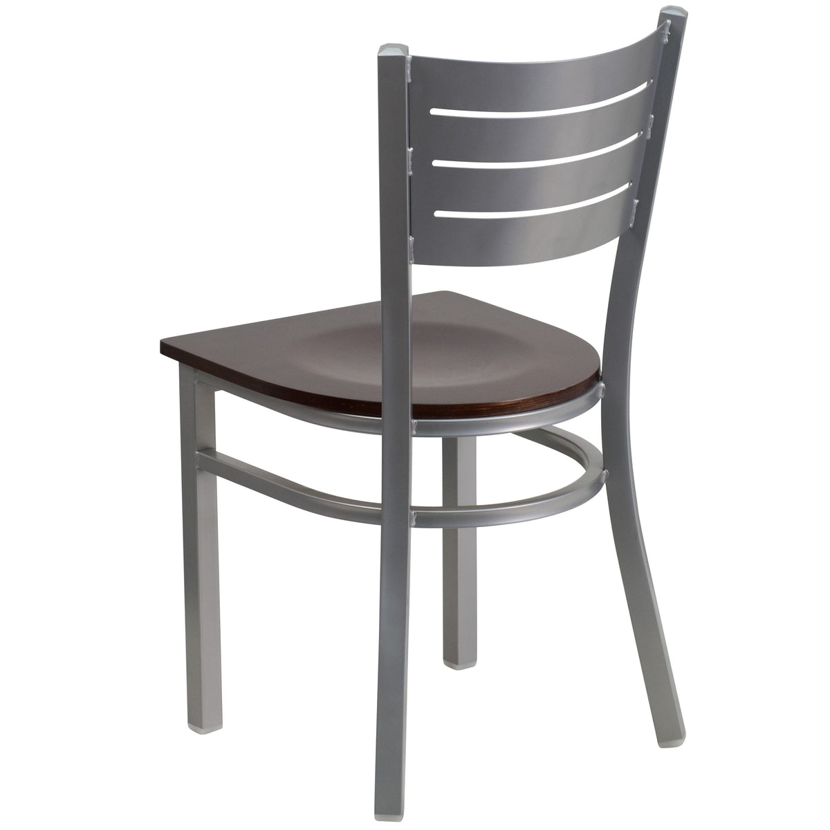 Walnut Wood Seat/Silver Frame |#| Silver Slat Back Metal Restaurant Chair - Walnut Wood Seat