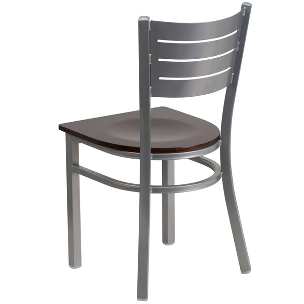 Walnut Wood Seat/Silver Frame |#| Silver Slat Back Metal Restaurant Chair - Walnut Wood Seat
