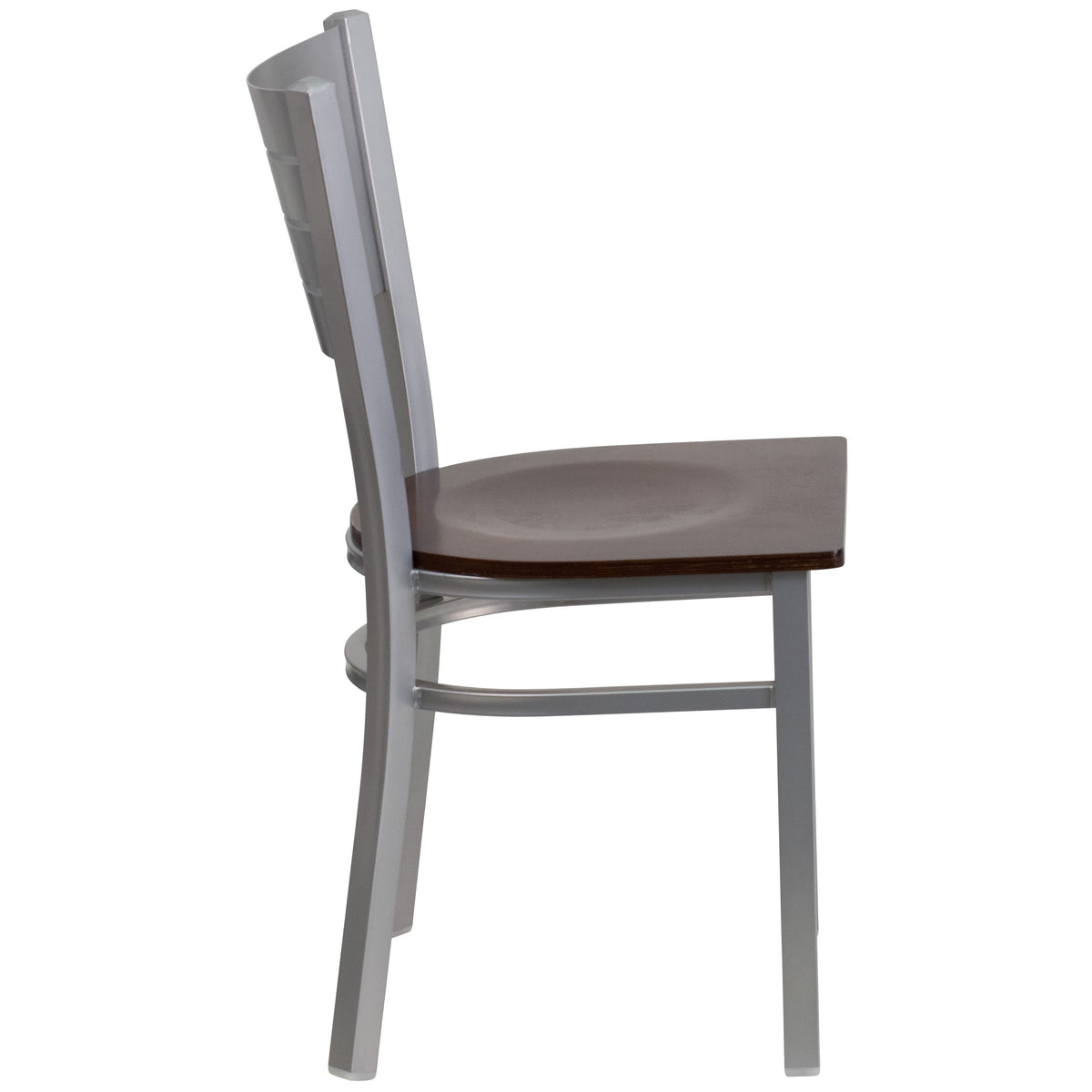 Walnut Wood Seat/Silver Frame |#| Silver Slat Back Metal Restaurant Chair - Walnut Wood Seat