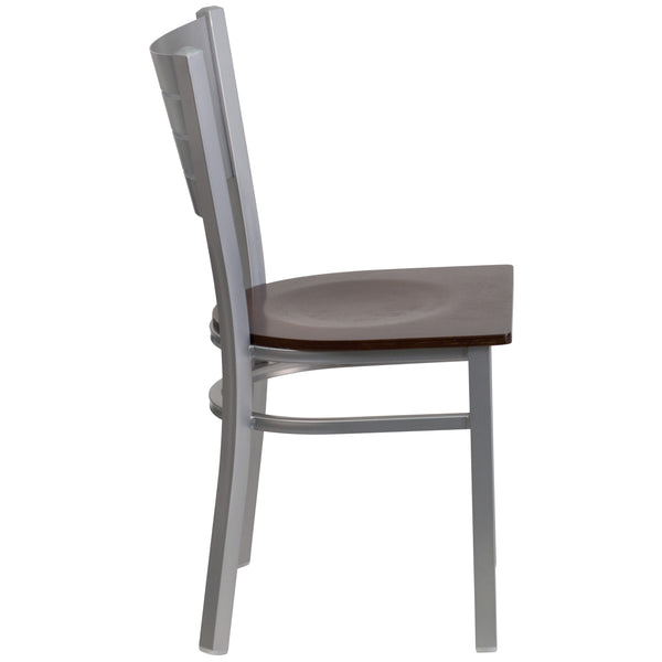 Walnut Wood Seat/Silver Frame |#| Silver Slat Back Metal Restaurant Chair - Walnut Wood Seat