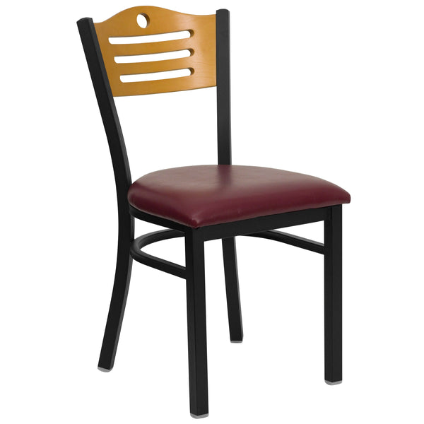 Natural Wood Back/Burgundy Vinyl Seat/Black Metal Frame |#| Black Slat Back Metal Restaurant Chair - Natural Wood Back, Burgundy Vinyl Seat