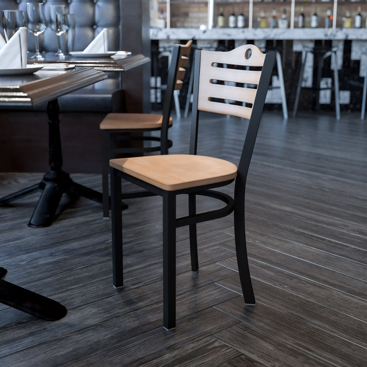 Natural Wood Back/Natural Wood Seat/Black Metal Frame |#| Black Slat Back Metal Restaurant Chair - Natural Wood Back & Seat