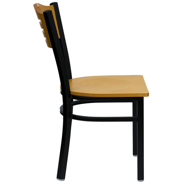 Natural Wood Back/Natural Wood Seat/Black Metal Frame |#| Black Slat Back Metal Restaurant Chair - Natural Wood Back & Seat