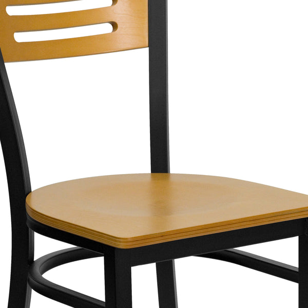 Natural Wood Back/Natural Wood Seat/Black Metal Frame |#| Black Slat Back Metal Restaurant Chair - Natural Wood Back & Seat