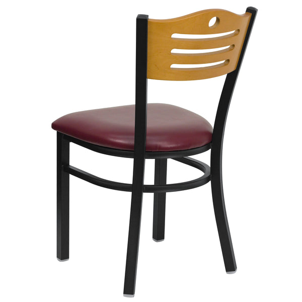 Natural Wood Back/Burgundy Vinyl Seat/Black Metal Frame |#| Black Slat Back Metal Restaurant Chair - Natural Wood Back, Burgundy Vinyl Seat