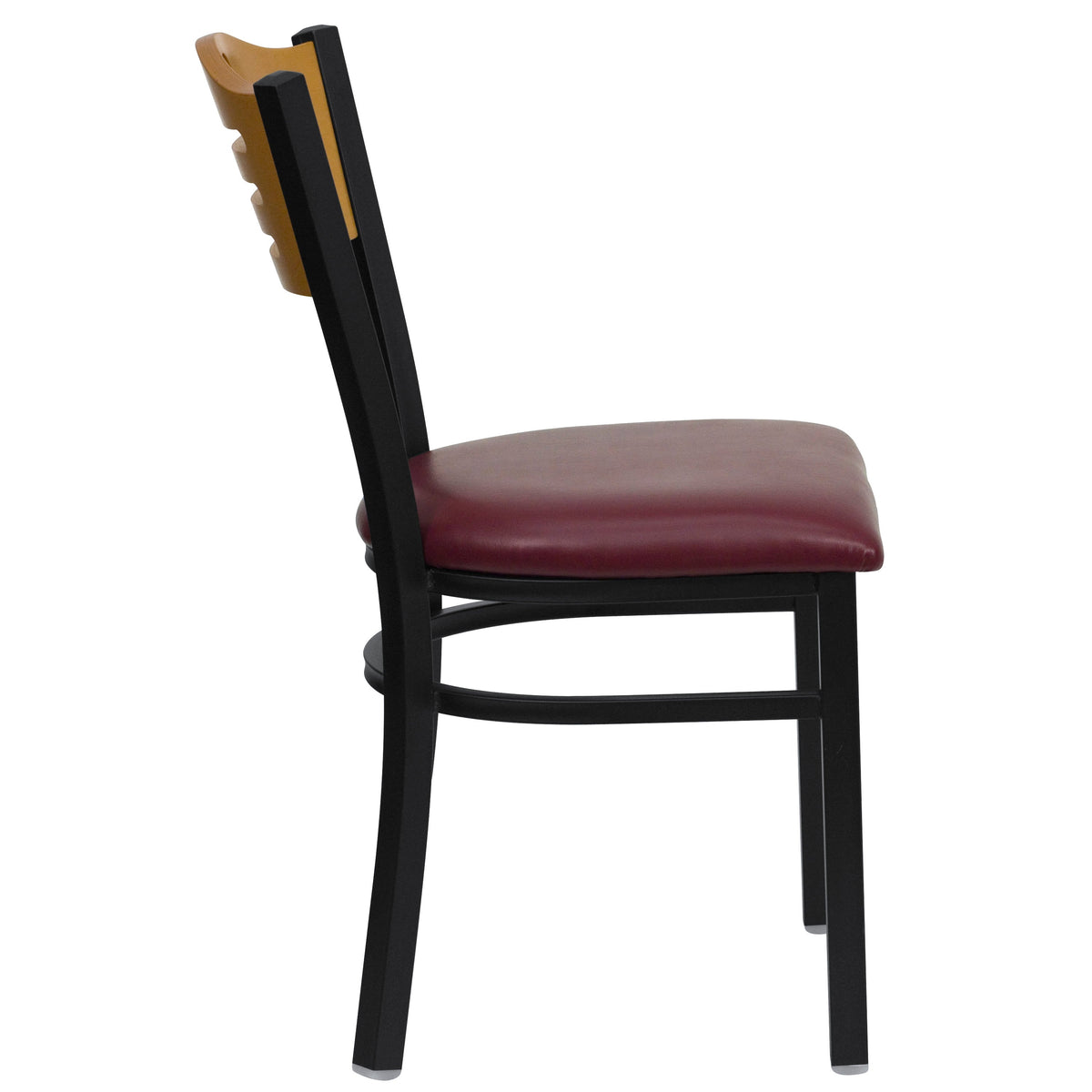 Natural Wood Back/Burgundy Vinyl Seat/Black Metal Frame |#| Black Slat Back Metal Restaurant Chair - Natural Wood Back, Burgundy Vinyl Seat