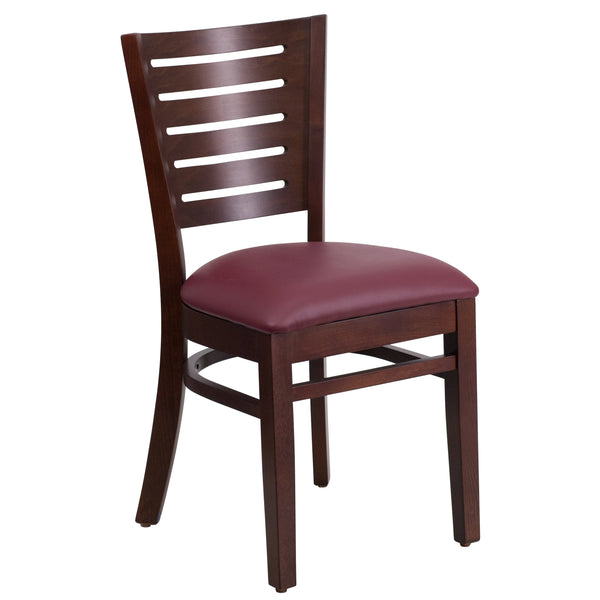 Burgundy Vinyl Seat/Walnut Wood Frame |#| Slat Back Walnut Wood Restaurant Chair - Burgundy Vinyl Seat