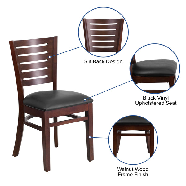 Black Vinyl Seat/Walnut Wood Frame |#| Slat Back Walnut Wood Restaurant Chair - Black Vinyl Seat