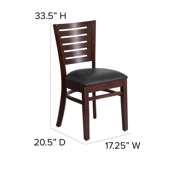 Black Vinyl Seat/Walnut Wood Frame |#| Slat Back Walnut Wood Restaurant Chair - Black Vinyl Seat