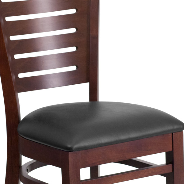 Black Vinyl Seat/Walnut Wood Frame |#| Slat Back Walnut Wood Restaurant Chair - Black Vinyl Seat