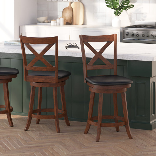 Black Vinyl/Antique Oak Frame |#| 24inch Crossback Wooden Swivel Stool - Padded Seat-Antique Oak/Black Faux Leather