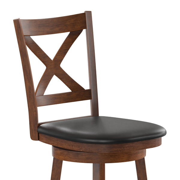 Black Vinyl/Antique Oak Frame |#| 24inch Crossback Wooden Swivel Stool - Padded Seat-Antique Oak/Black Faux Leather