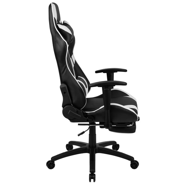 Black |#| Black Gaming Desk; Black & White Reclining Gaming Chair with Slide-Out Footrest