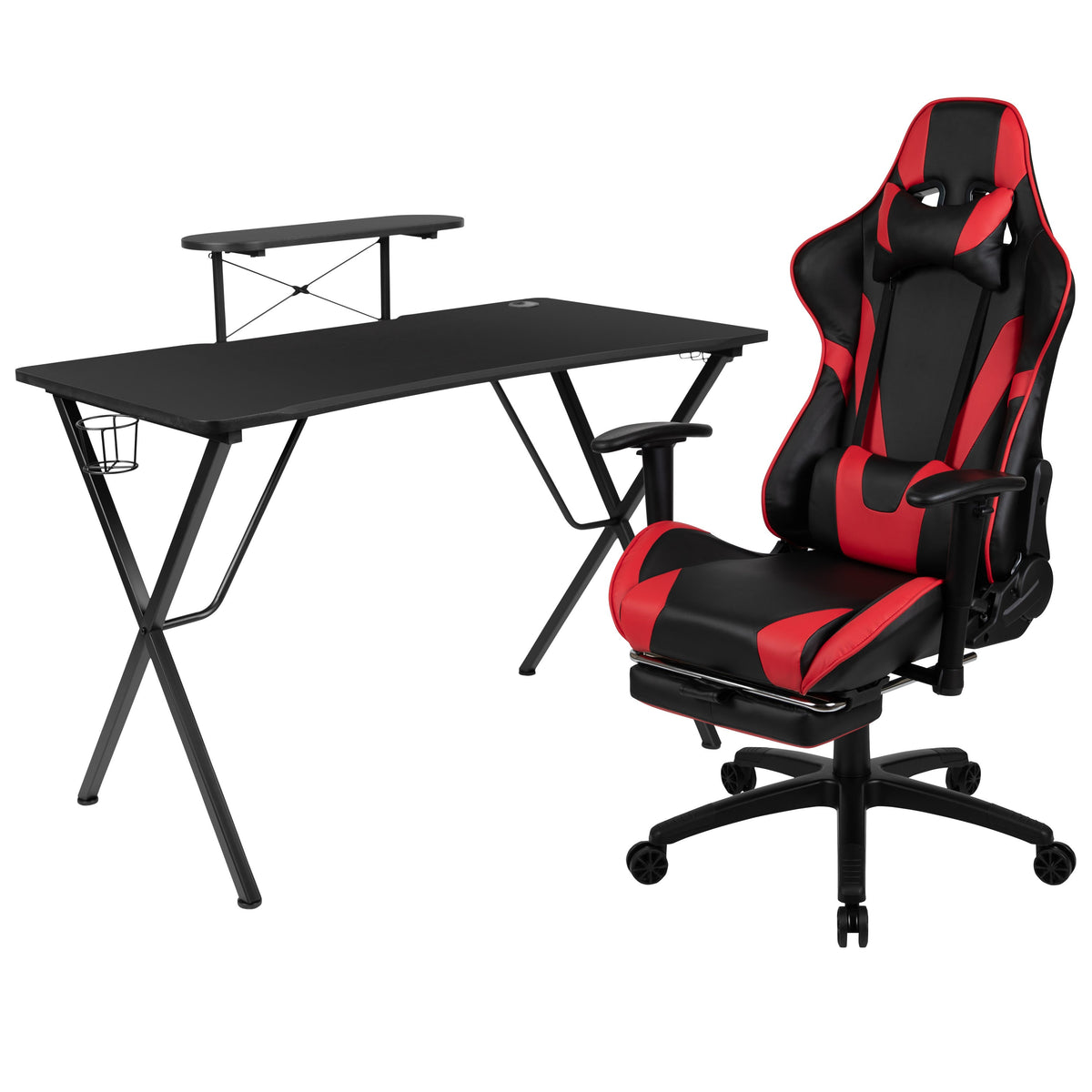 Red |#| Black Gaming Desk; Black & Red Reclining Gaming Chair with Slide-Out Footrest