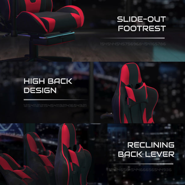 Red |#| Black Gaming Desk; Black & Red Reclining Gaming Chair with Slide-Out Footrest