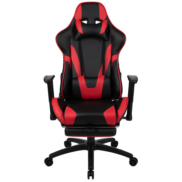 Red |#| Black Gaming Desk; Black & Red Reclining Gaming Chair with Slide-Out Footrest