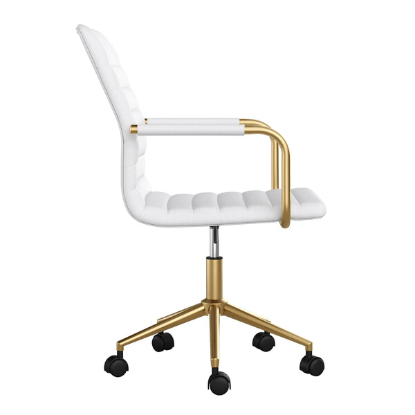 White Faux Leather/Polished Brass |#| Faux Leather Swivel Home Office Chair with Integrated Armrests-White/Brass