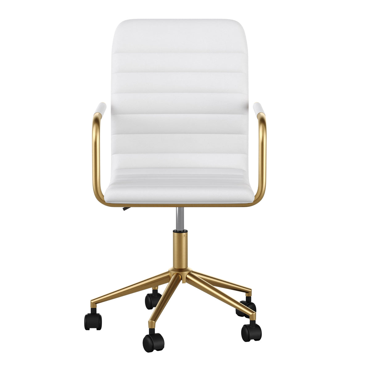 White Faux Leather/Polished Brass |#| Faux Leather Swivel Home Office Chair with Integrated Armrests-White/Brass