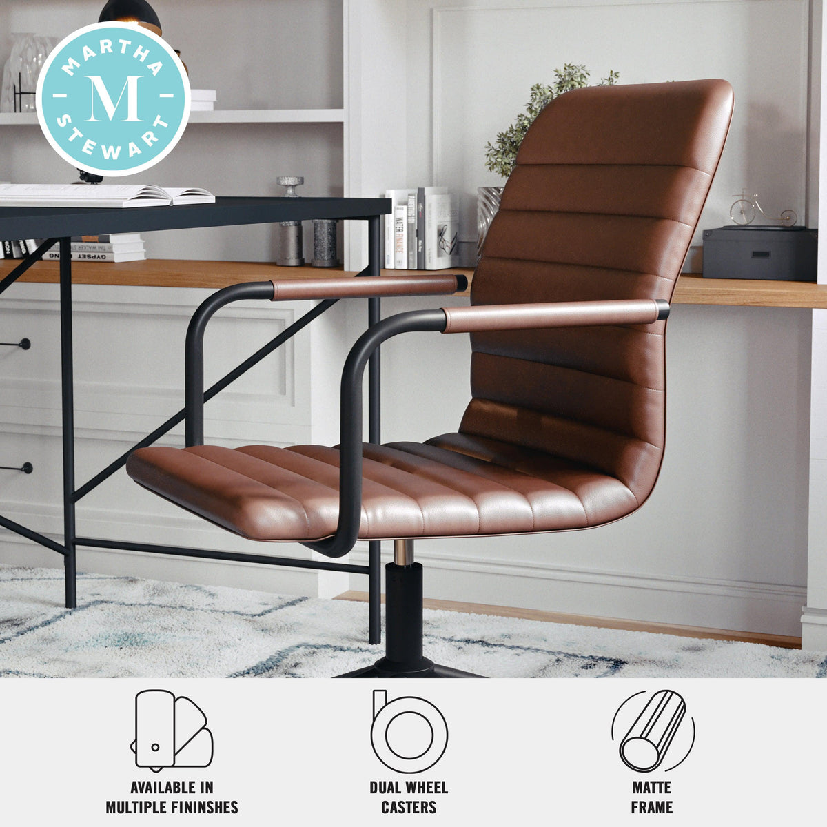 Saddle Brown Faux Leather/Oil Rubbed Bronze |#| Faux Leather Swivel Home Office Chair with Integrated Armrests-Brown/Oil Bronze