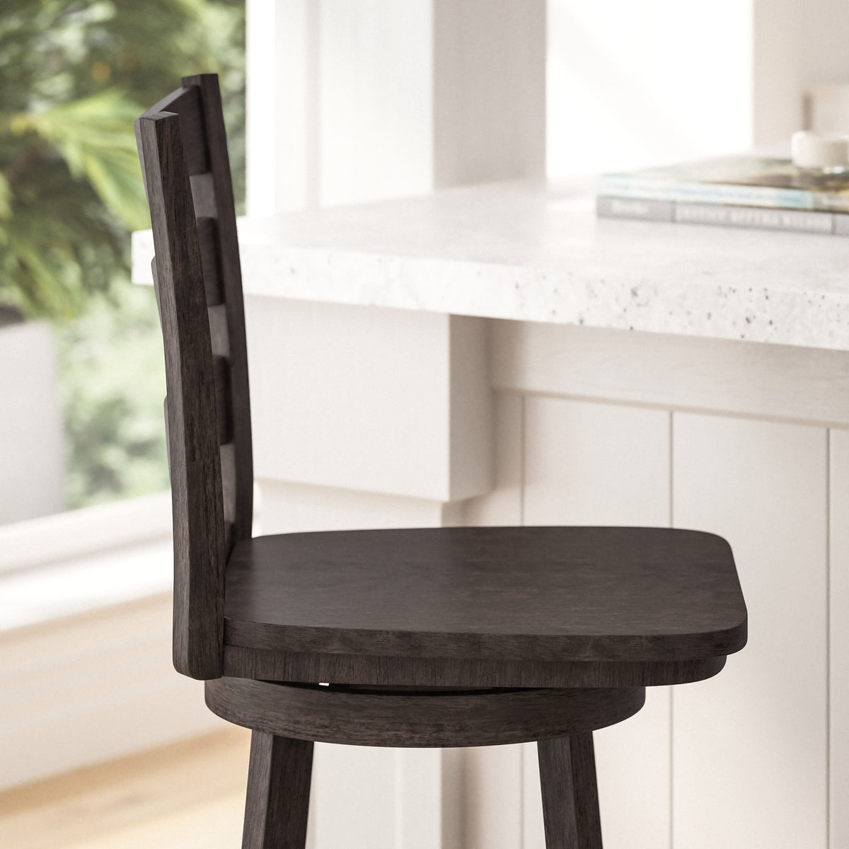 Gray Wash Walnut |#| Commercial Gray Wash Walnut Wood Ladderback Swivel Bar Stool with Footrest