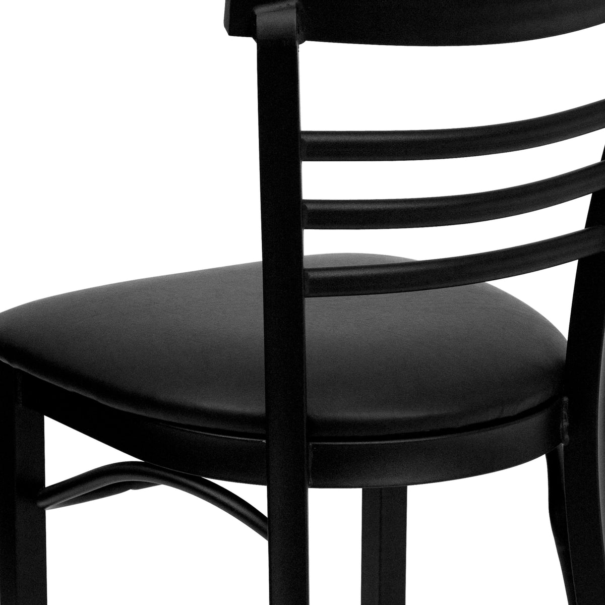 Black Vinyl Seat/Black Metal Frame |#| Black Three-Slat Ladder Back Metal Restaurant Chair - Black Vinyl Seat