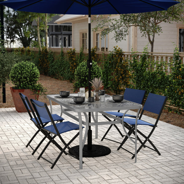 Flash Furniture Tory Commercial Grade Patio Table with Tempered Glass Top with Umbrella Hole and Steel Tube Frame, Clear Top/Black Frame
