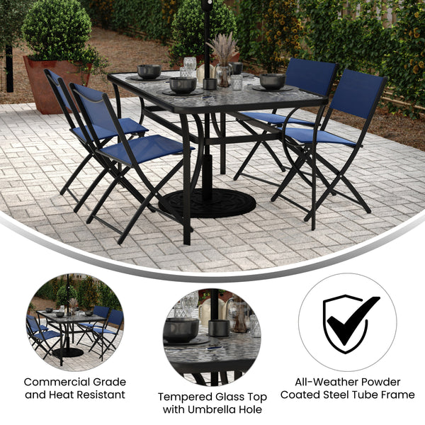 Flash Furniture Tory Commercial Grade Patio Table with Tempered Glass Top with Umbrella Hole and Steel Tube Frame, Clear Top/Black Frame