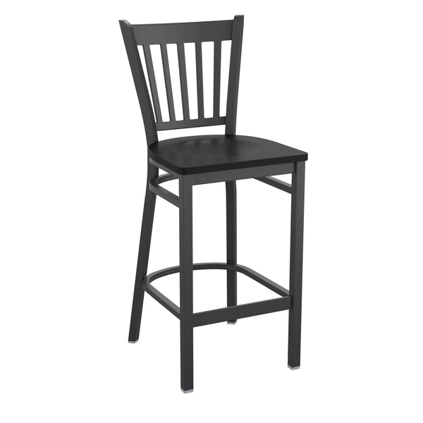 Black Wood Seat/Black Metal Frame |#| Black Vertical Back Metal Restaurant Barstool - Black Wood Seat