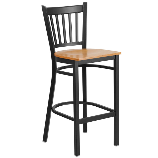 Natural Wood Seat/Black Metal Frame |#| Black Vertical Back Metal Restaurant Barstool - Natural Wood Seat