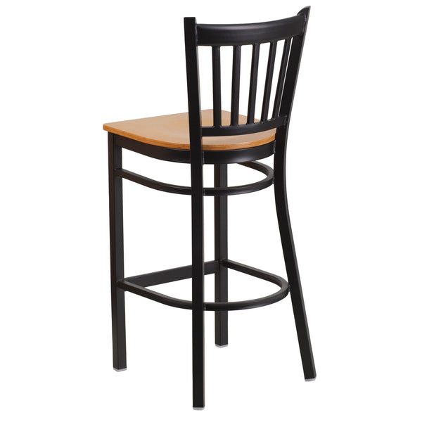 Natural Wood Seat/Black Metal Frame |#| Black Vertical Back Metal Restaurant Barstool - Natural Wood Seat