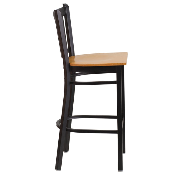 Natural Wood Seat/Black Metal Frame |#| Black Vertical Back Metal Restaurant Barstool - Natural Wood Seat