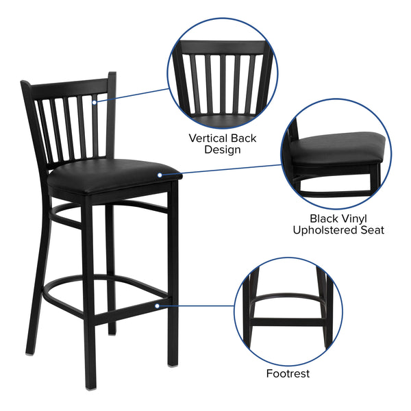 Black Vinyl Seat/Black Metal Frame |#| Black Vertical Back Metal Restaurant Barstool - Black Vinyl Seat