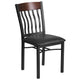 Walnut |#| Vertical Back Black Metal and Walnut Wood Restaurant Chair with Black Vinyl Seat