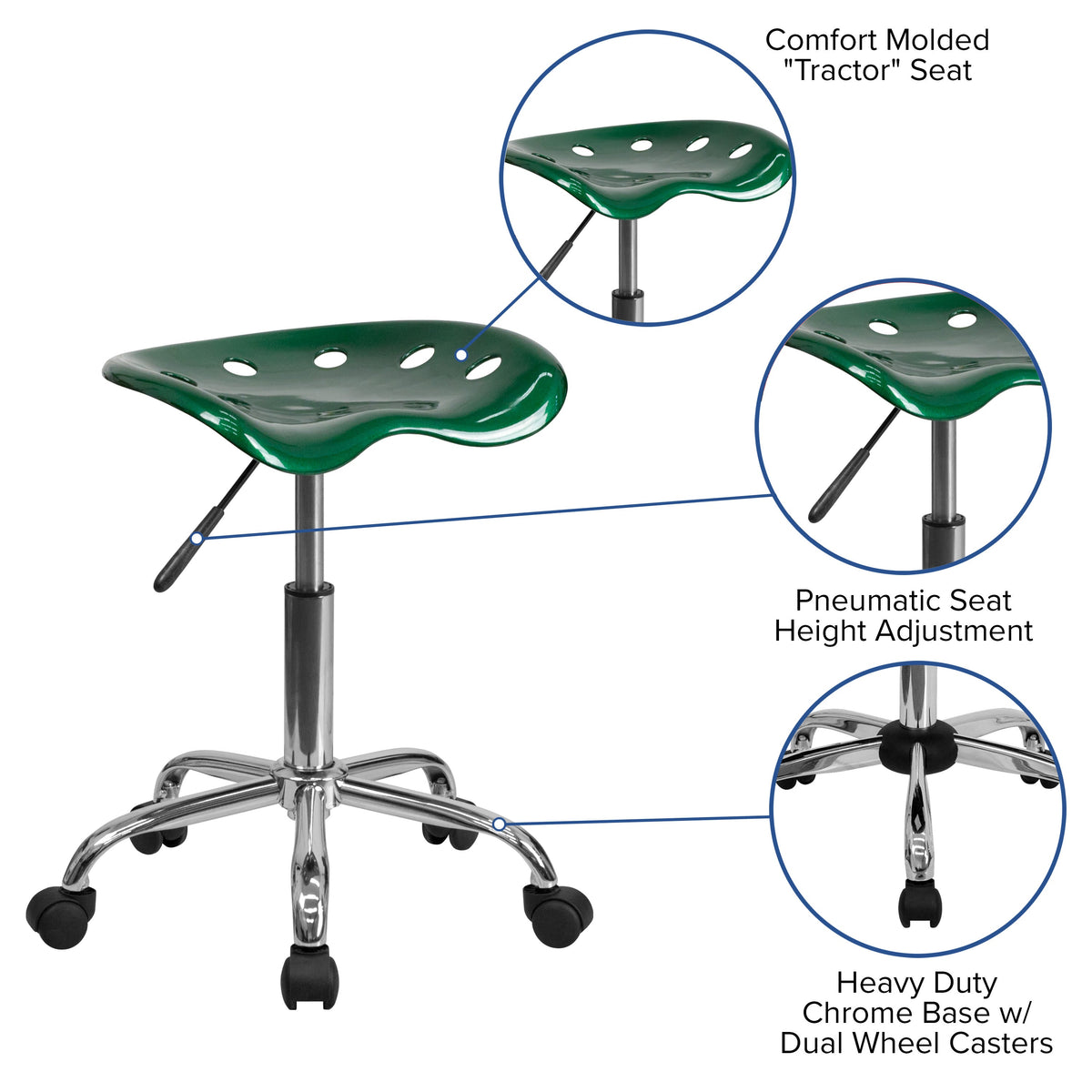 Green |#| Vibrant Green Tractor Seat and Chrome Stool - Drafting & Office Stools