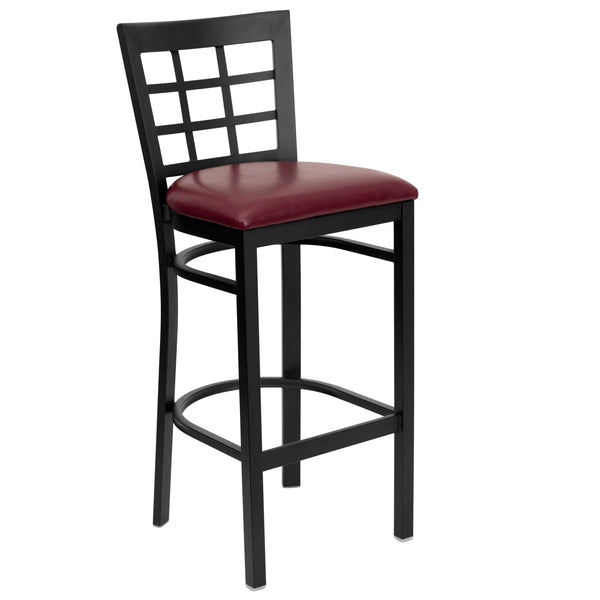 Burgundy Vinyl Seat/Black Metal Frame |#| Black Window Back Metal Restaurant Barstool - Burgundy Vinyl Seat