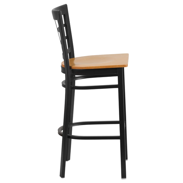 Natural Wood Seat/Black Metal Frame |#| Black Window Back Metal Restaurant Barstool - Natural Wood Seat