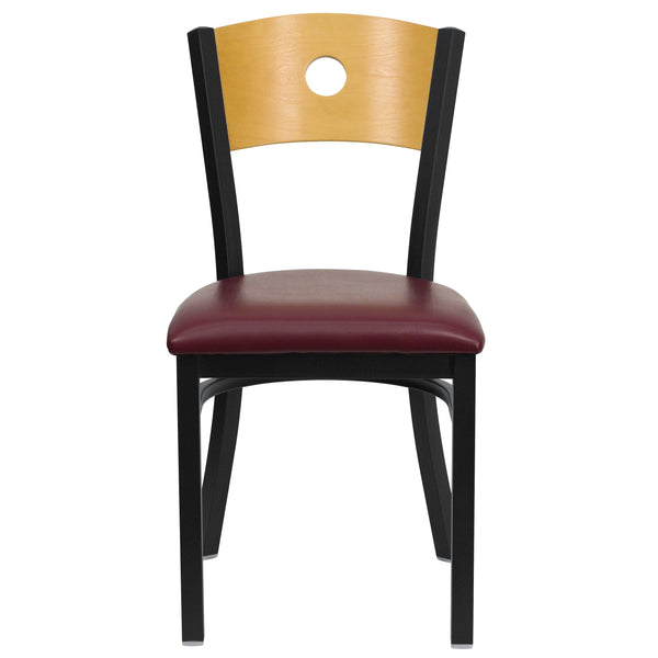 Natural Wood Back/Burgundy Vinyl Seat/Black Metal Frame |#| Black Circle Back Metal Chair with Natural Wood Back & Burgundy Vinyl Seat